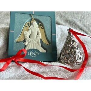 Lenox Laurels Joy Porcelain Angel and Lenox Joy Silver Christmas Tree Ornaments